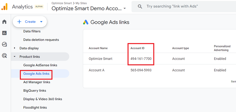 Check whether the correct Google Ads account is linked to your GA4 property