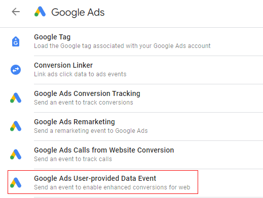 click on ‘Google Ads User Provided Data Event