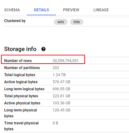 number of rows under the storage information