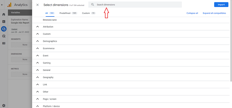 search dimensions ga4