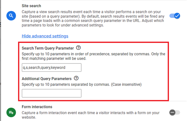 see the advanced settings for the ‘site search feature