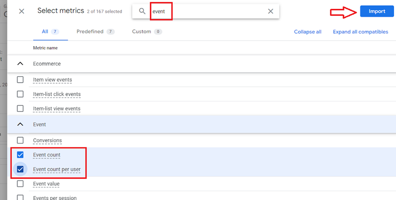 select the following metrics one by one