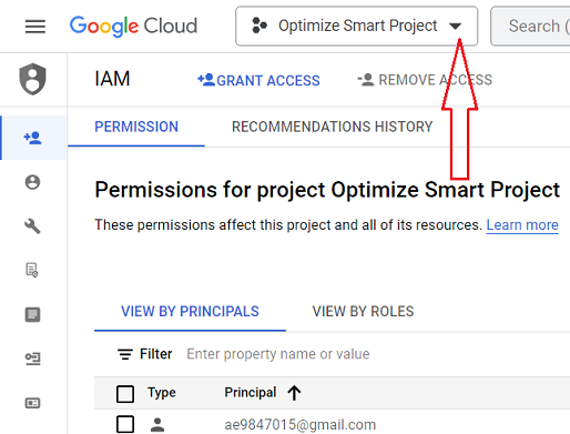 Click on the project drop down menu
