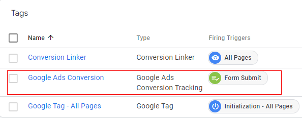 Find and click on the existing Google Ads Conversion tag