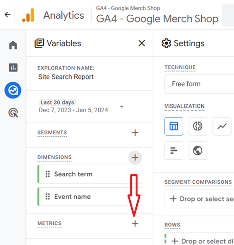button next to METRICS 1