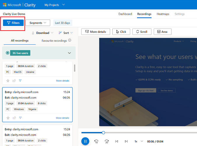 filters users recording