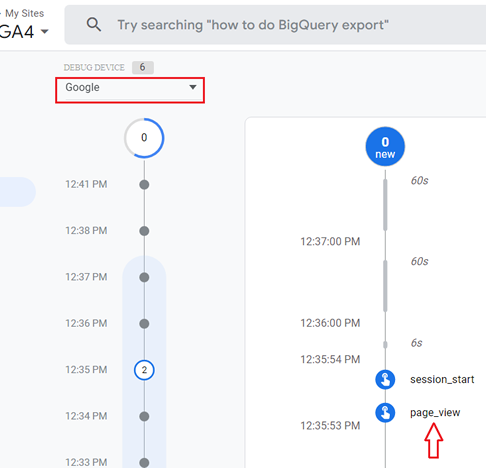 Navigate to the DebugView report in your GA4 property