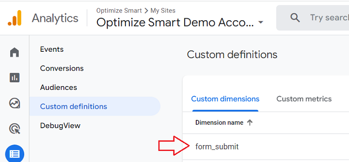 listed form submit custom dimension ga4