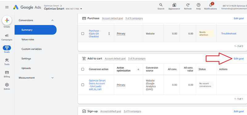 click on the ‘Edit goal link next to it
