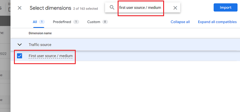 Search for the ‘first user source medium dimension