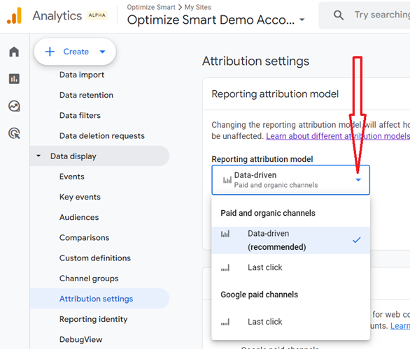 Click on the ‘Reporting Attribution Model drop down menu