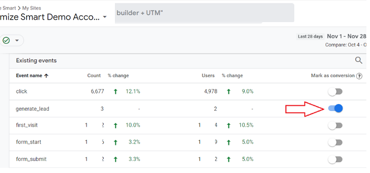 Mark the ‘generate lead event as a conversion