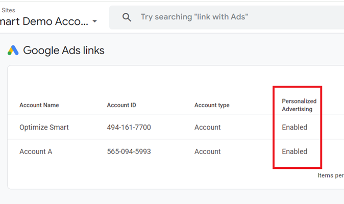 Ensure that ‘Personalized Advertising is enabled for your linked Google Ads account