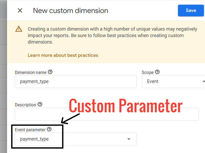 select the logged custom parameter from the ‘Event Parameter drop down menu