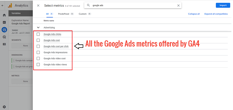 google ads metrics offered by ga4