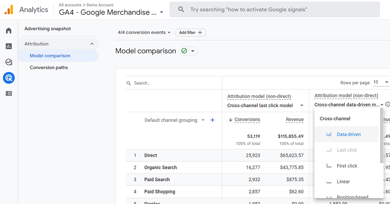 comparison attribution model ga4 2