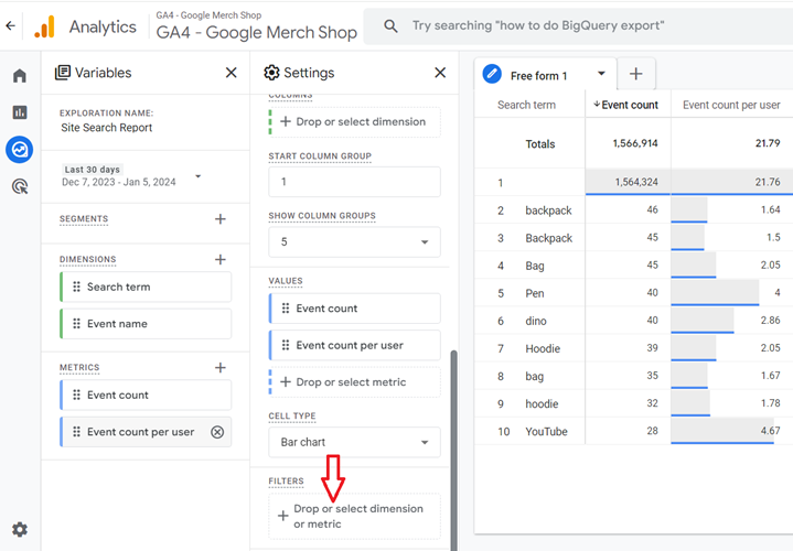 click on Drop or select dimension or metric