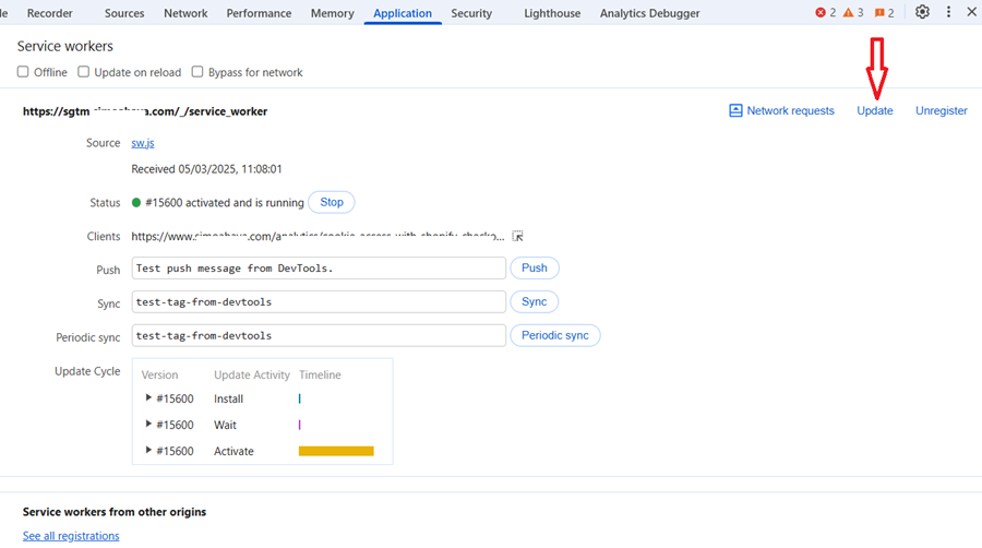 Click on ‘Update to manually trigger an update of the service worker