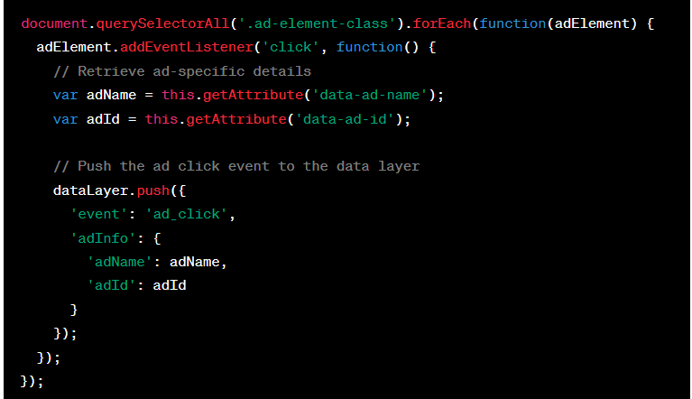 Add a click event listener to each ad element in your JavaScript code