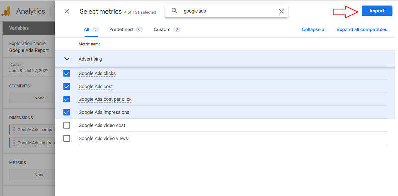 select metrics you want to import ga4