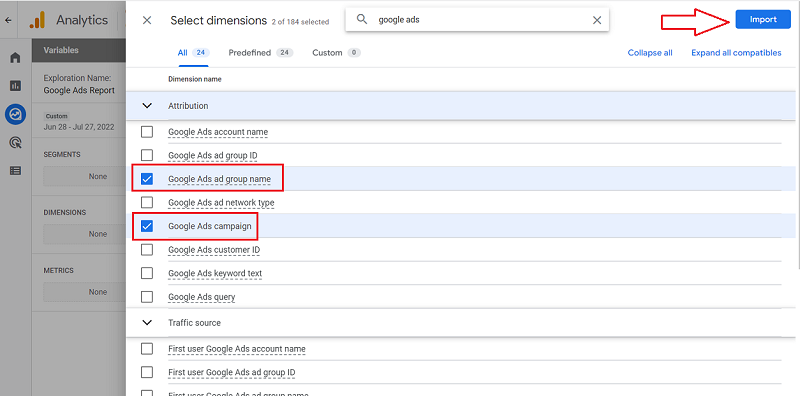 select dimensions you want to import ga4