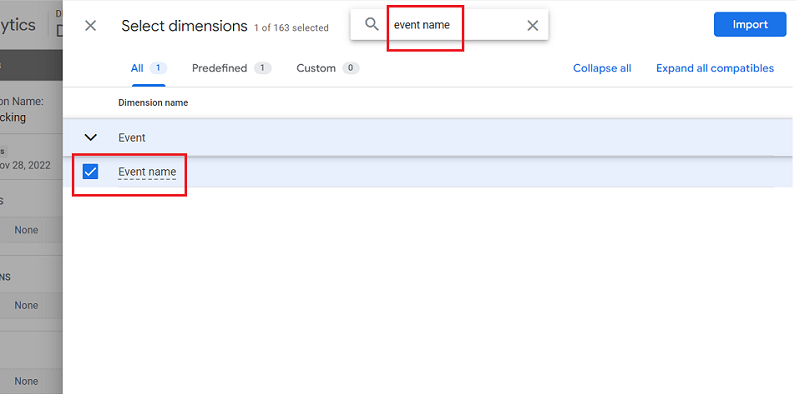 Search for the ‘Event Name dimension