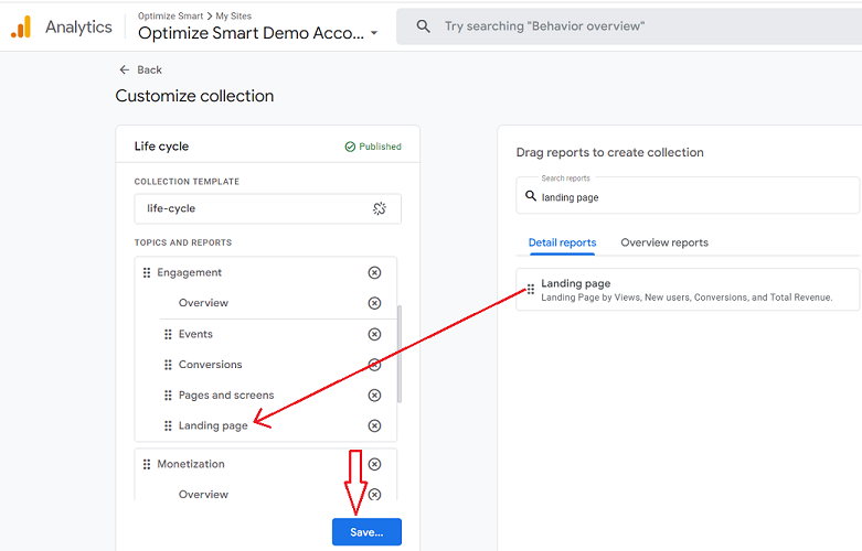 drag and drop the landing page report ga4 1