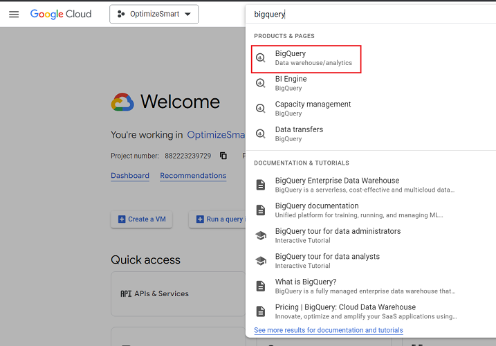 Click on the first search result to access BigQuery