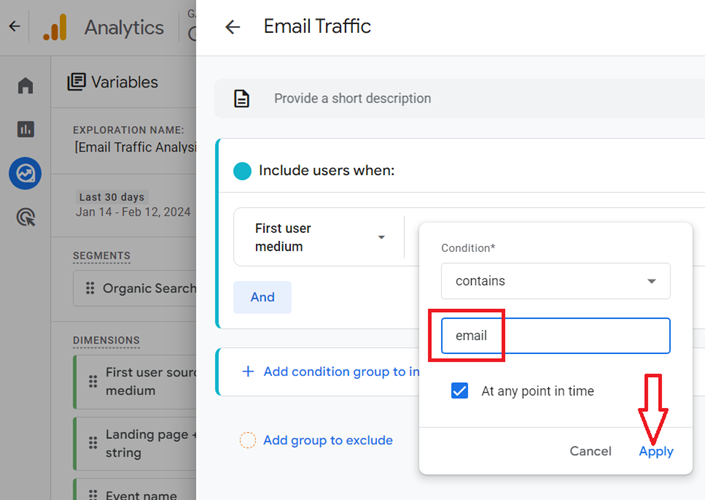 Replace the text ‘organic‘ with ‘email‘ ga4