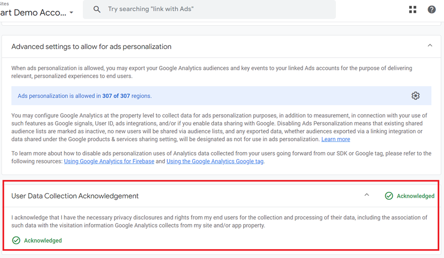 Check if the user data collection acknowledgement has been enabled