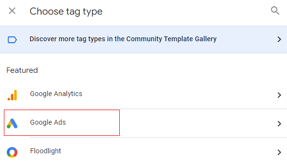 choose tag type click on Google Ads