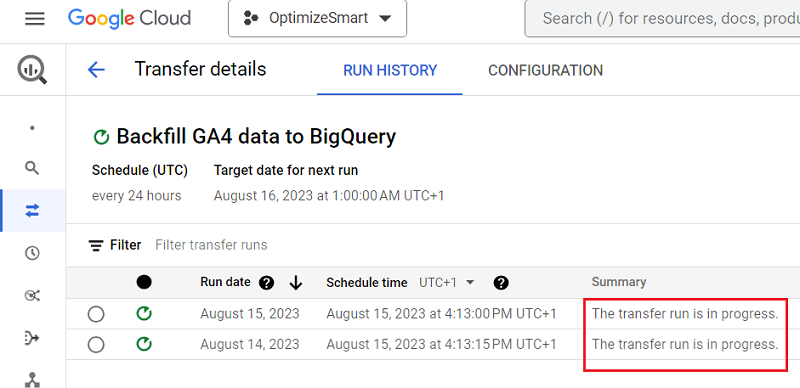 The Transfer run is in progress