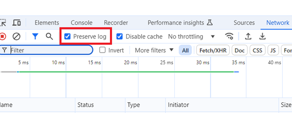 Select the option ‘Preserve log to capture all network activity