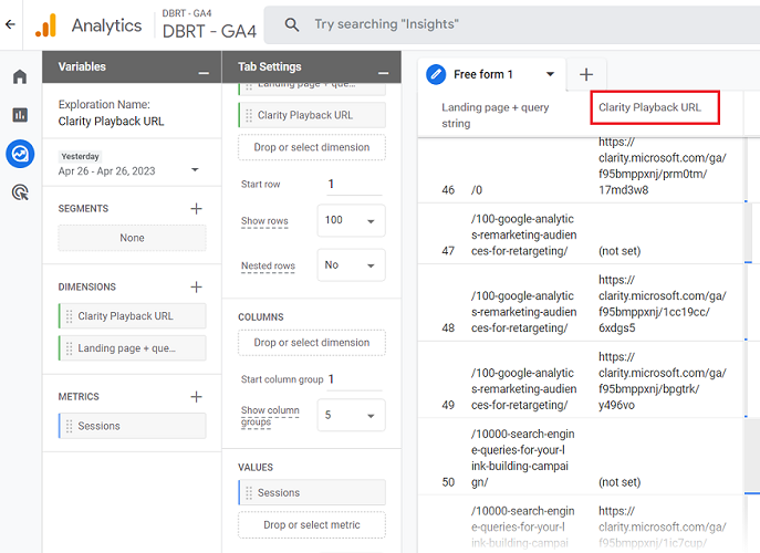 exploration reports ga4 clarity playback url