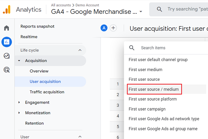 first user source medium ga4