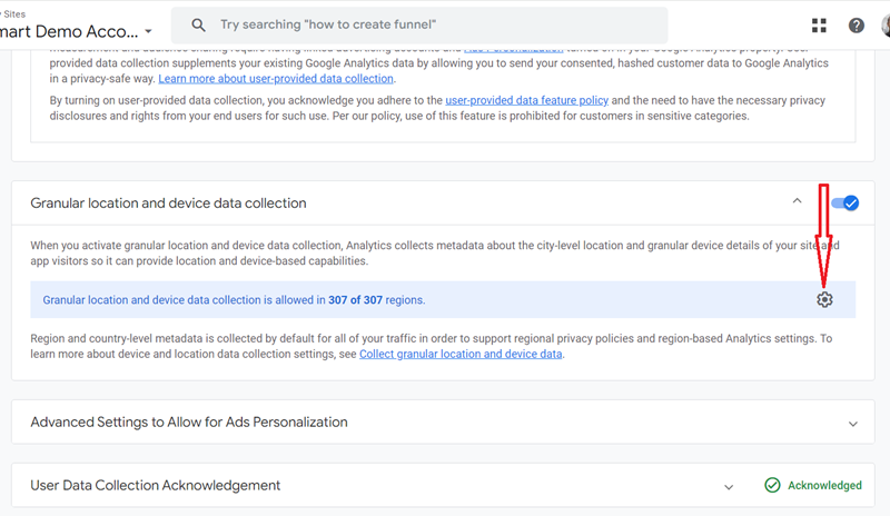 granular location and device data collection setting in ga4