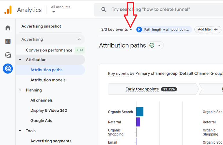 Click on the ‘Key events drop down menu ga4