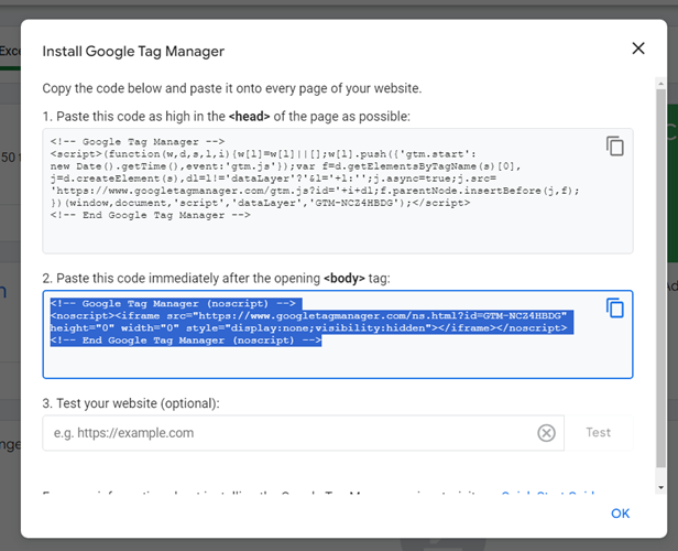 Copy the second part of the GTM container code