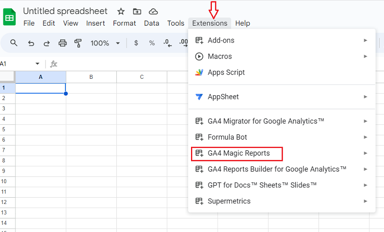 Refresh your Google Sheet and then click on the ‘Extensions menu