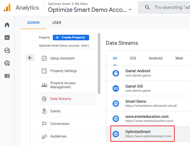 select ga4 data stream