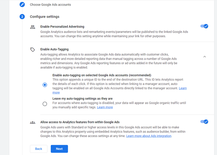 configure settings enabled google ads ga4 linking