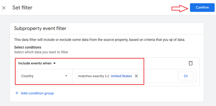 conditions that define which event data from the source property appears in your sub property