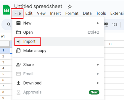 File menu Import