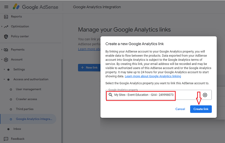 create a new google analytics link