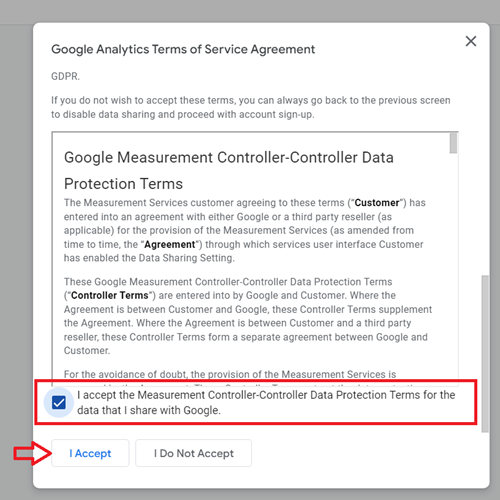 ‘I accept the Measurement Controller Controller Data Protection Terms for the data that I share with Google