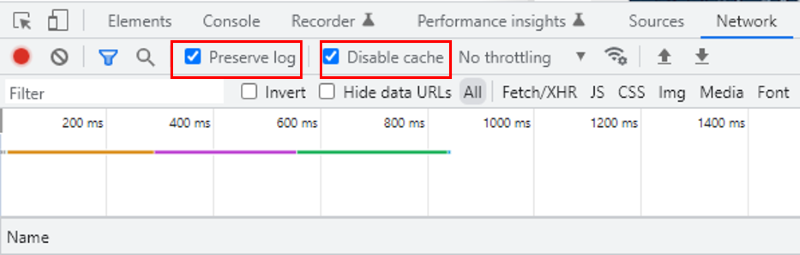 Preserve log and Disable cache
