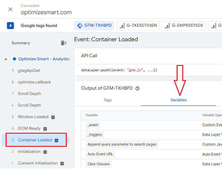 variables tag assistant