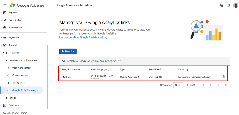 your Adsense account is linked to your GA4 property