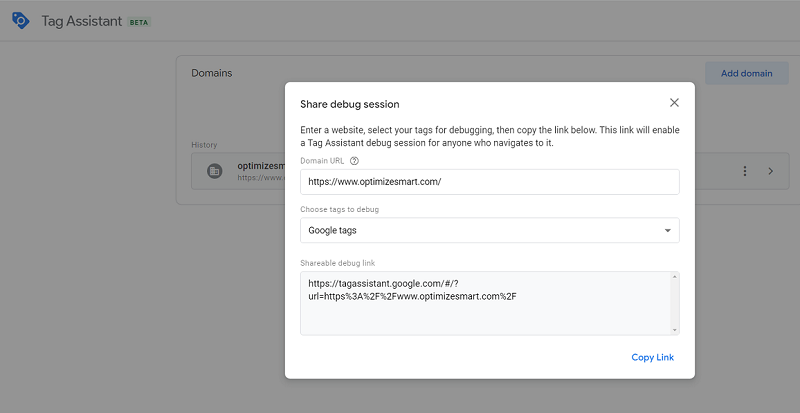 share debug session tag assistant