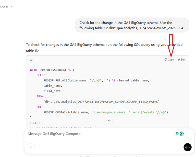 How to track GA4 BigQuery Schema Change 3 copy sql code